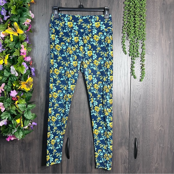 🌸5/$25🌸LulaRoe Floral Printed Blue & Yellow Leggings One Size - Picture 11 of 14